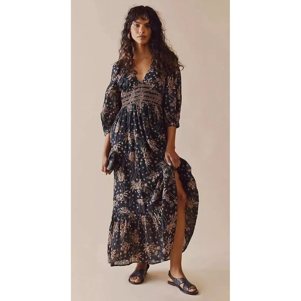 Free People Black  golden hour Floral Maxi Dress Xs